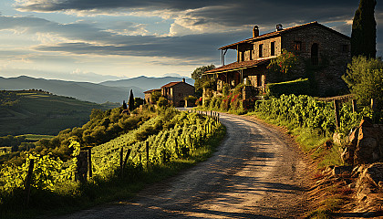 Lush vineyard in Tuscany at golden hour, rolling hills, rows of grapevines, a rustic stone farmhouse, and a distant mountain range.