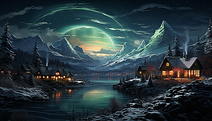 Northern Lights over a traditional Scandinavian village, with snow-covered cottages, a frozen lake, and reindeer grazing.