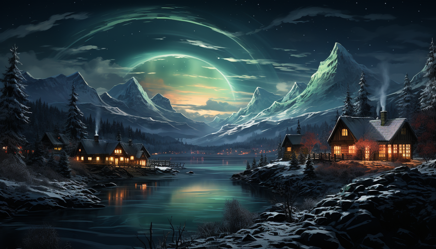 Northern Lights over a traditional Scandinavian village, with snow-covered cottages, a frozen lake, and reindeer grazing.