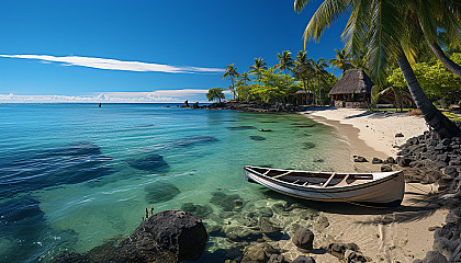 Lush tropical beach with clear turquoise water, hammocks between palm trees, a small boat in the distance, and a tiki bar.