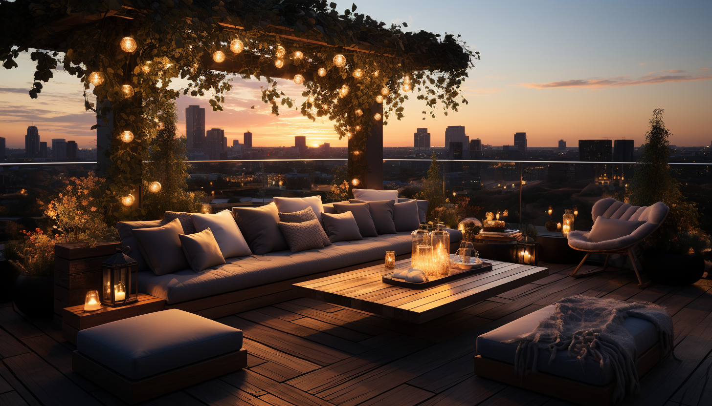 Modern rooftop garden at sunset, with a luxurious lounge area, panoramic city skyline views, and twinkling string lights.