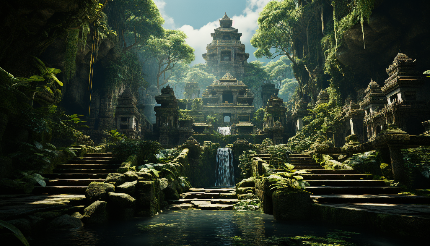 A tranquil Balinese temple surrounded by lush tropical forests, waterfalls, and stone statues, with monks in prayer.