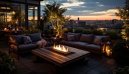 Lush rooftop garden in an urban setting, with a variety of plants, comfortable seating areas, and a skyline view at sunset.