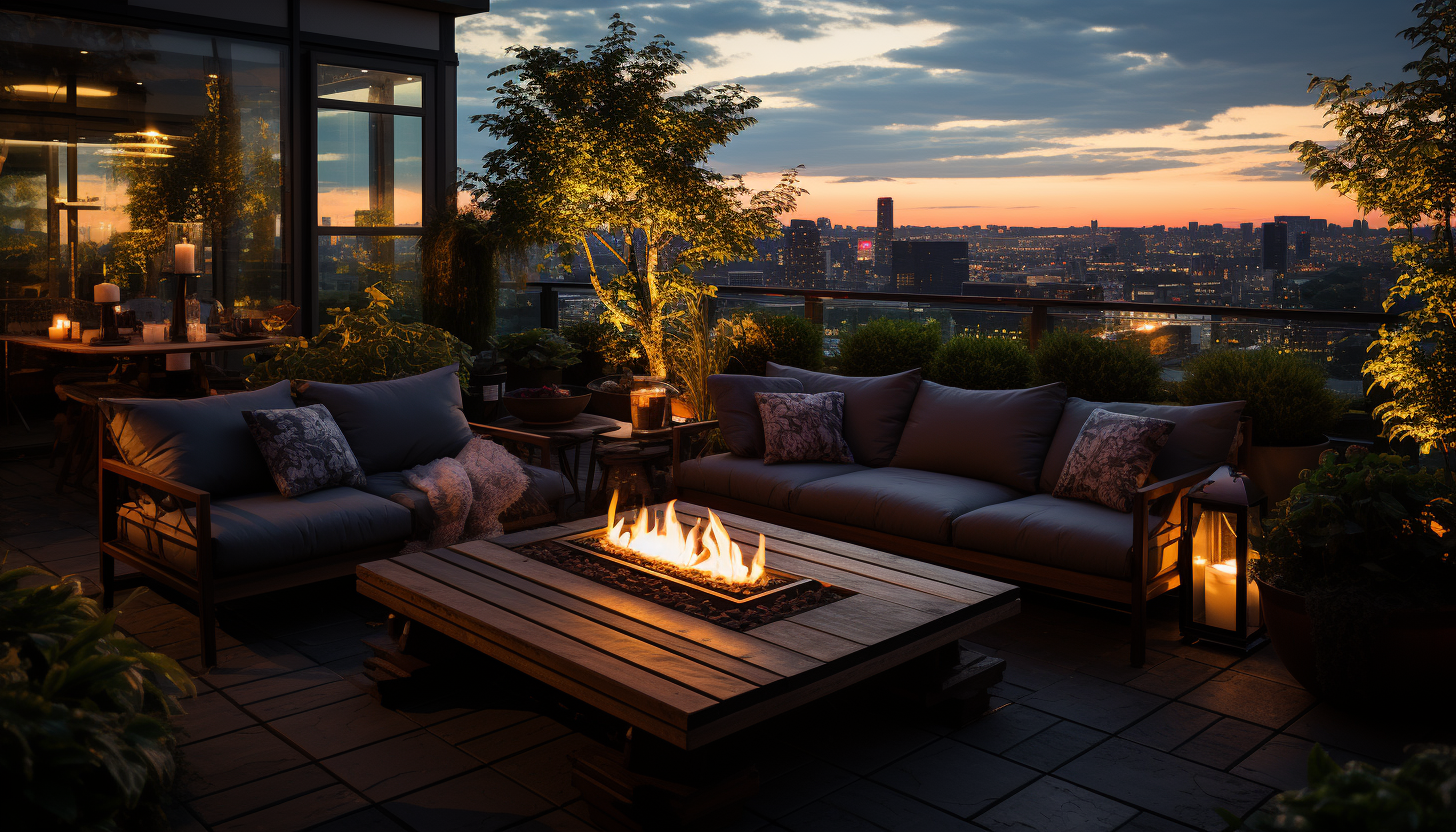 Lush rooftop garden in an urban setting, with a variety of plants, comfortable seating areas, and a skyline view at sunset.