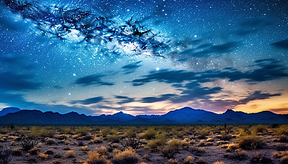 A striking desert landscape under a starlit night sky.