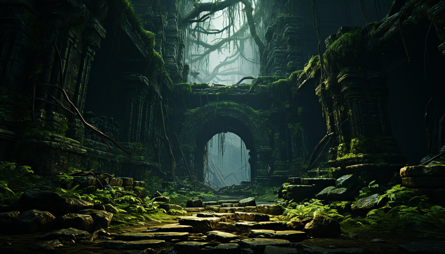 Abandoned ancient temple in a jungle, overgrown with vines, hidden statues, and a mysterious glowing artifact at its heart.