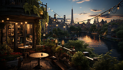 Rooftop garden in a bustling city, with a variety of plants, a small pond, city skyline in the background, and string lights creating a cozy atmosphere.