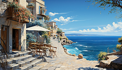 Sun-drenched Mediterranean village with white-washed houses, vibrant bougainvillea, a sparkling sea in the background, and narrow winding streets.