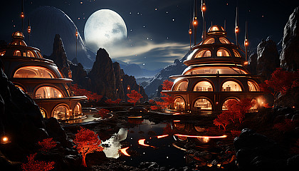 Futuristic Martian colony, with domed habitats, rovers traversing the red landscape, and Earth visible in the night sky.