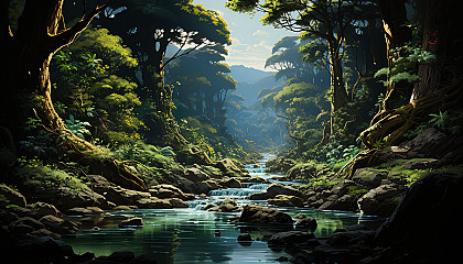 Lush Amazon rainforest with a hidden waterfall, exotic birds, dense green foliage, and a jaguar lurking in the shadows.