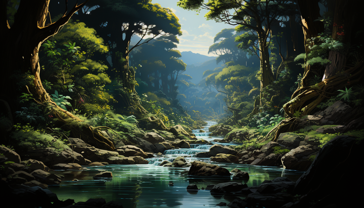 Lush Amazon rainforest with a hidden waterfall, exotic birds, dense green foliage, and a jaguar lurking in the shadows.
