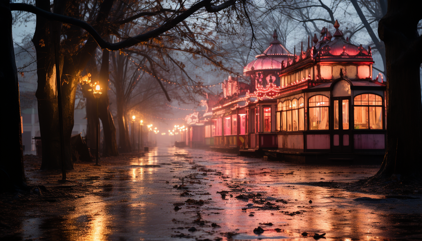 Abandoned amusement park at dusk, with a vintage ferris wheel, carousel horses, overgrown paths, and a haunting, whimsical atmosphere.