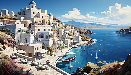 Mediterranean coastal village, white-washed buildings, blue domes, flowering balconies, and fishing boats in the azure sea.