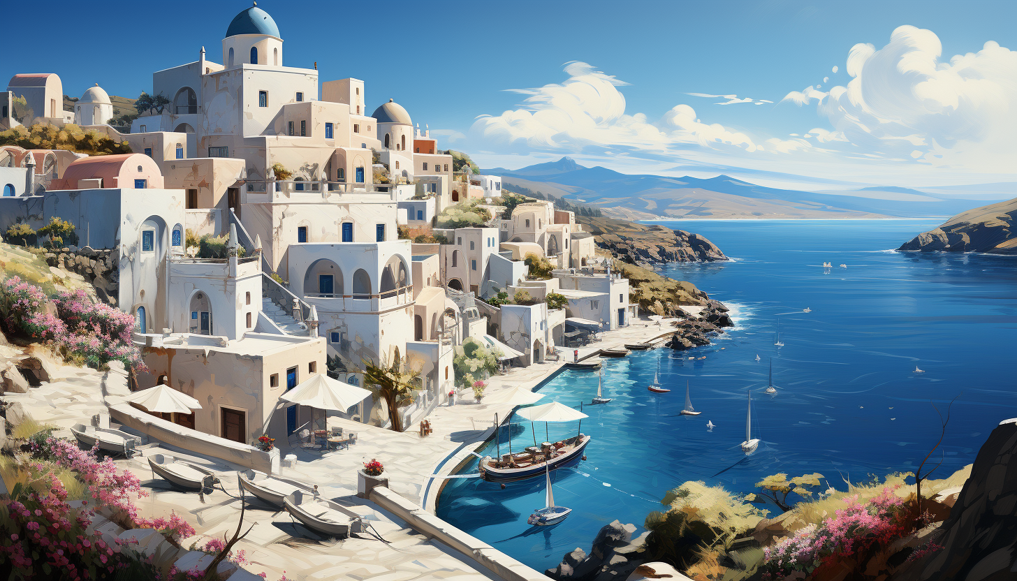 Mediterranean coastal village, white-washed buildings, blue domes, flowering balconies, and fishing boats in the azure sea.