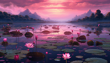 A tranquil lotus pond reflecting the colors of a summer sunset.