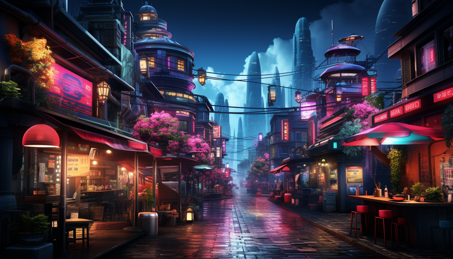 Futuristic cyberpunk alley, with neon signs in various languages, bustling street vendors, high-tech gadgets, and towering skyscrapers.