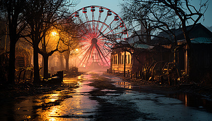 Abandoned amusement park at dusk, with a rusting Ferris wheel, overgrown paths, eerie, colorful lights, and a sense of mysterious past stories.