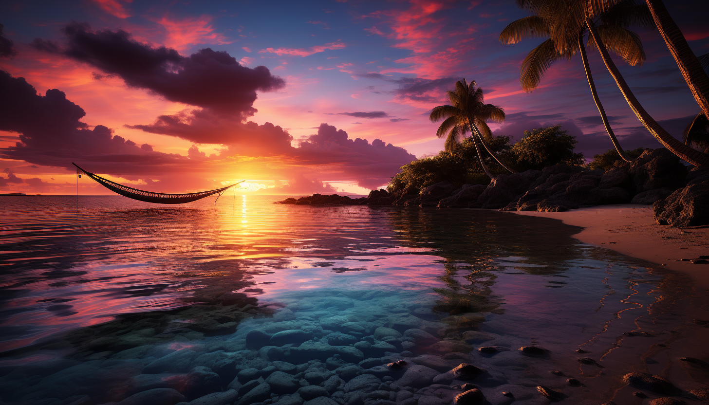 Vibrant Caribbean beach at sunset, with crystal clear water, palm trees, a hammock, and a small boat floating near the shore.