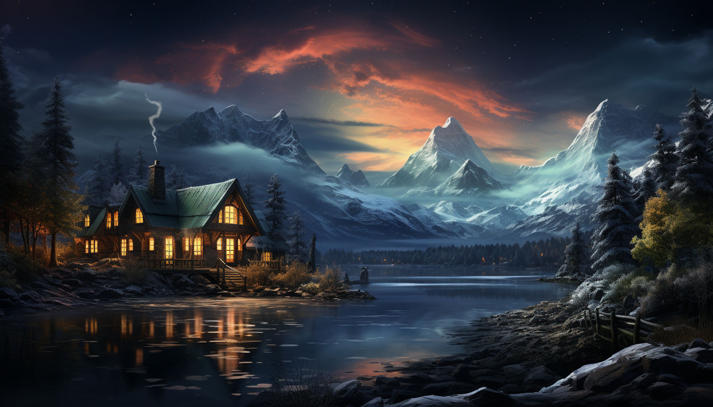 Cozy mountain cabin in winter, snow-covered trees, a frozen lake, smoke rising from the chimney, and a night sky with the Northern Lights.