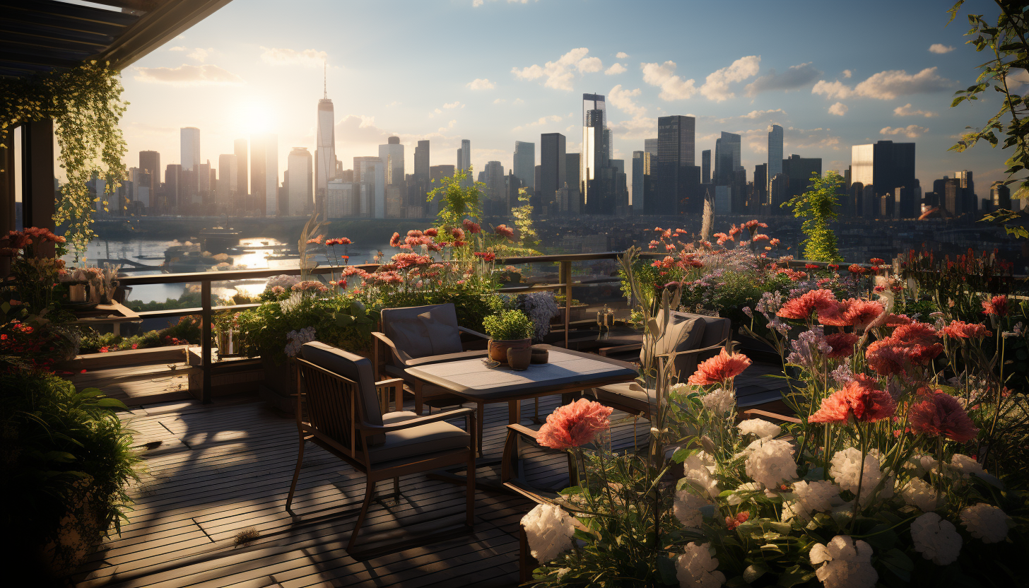 Lush rooftop garden in a modern city, with an array of flowers, herbs, comfortable seating, and skyscrapers in the background.