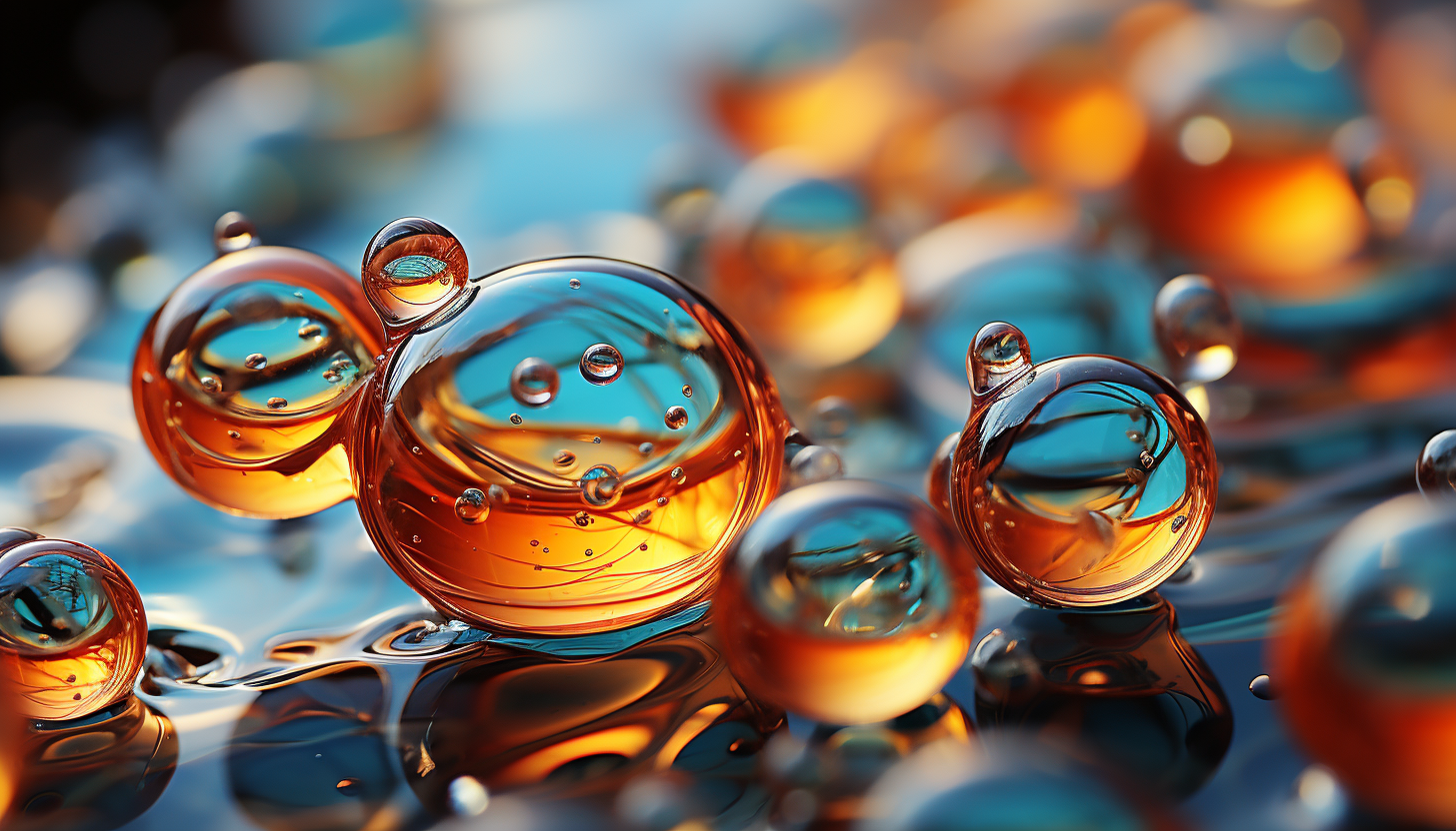 Close-up of bubbles capturing fascinating reflections or a microcosm of life in a droplet of water.