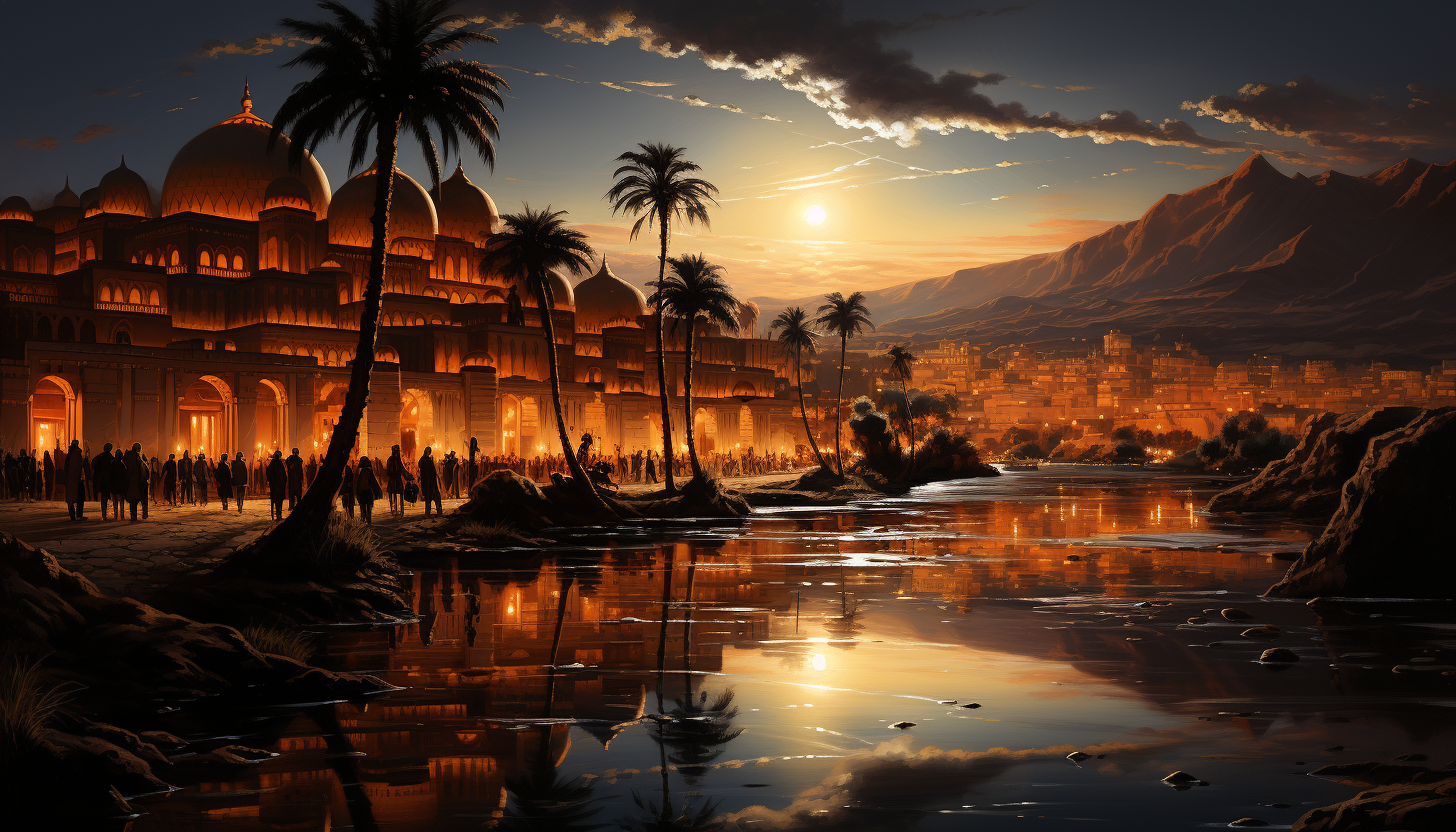 Desert oasis at twilight, with palm trees, a tranquil pool, camels resting, and a caravan of traders setting up camp.