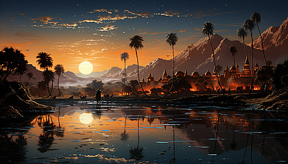 Desert oasis at twilight, with a tranquil pond, palm trees, a group of camels resting, and a star-filled sky above ancient sand dunes.