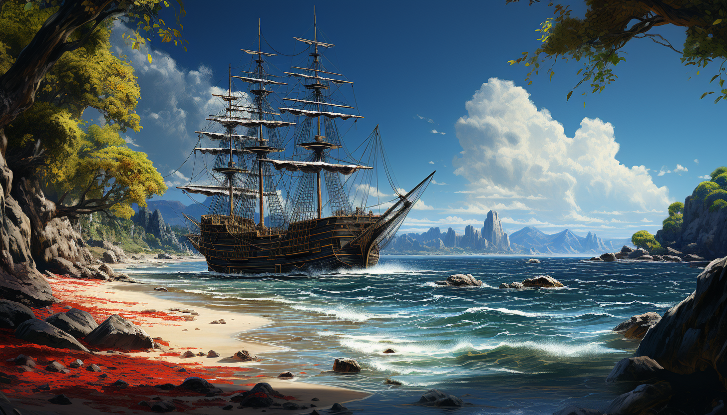 A hidden beach cove with crystal blue waters, white sand, a pirate ship anchored offshore, and a treasure chest partially buried.