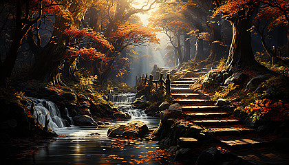 Autumnal forest path covered in fallen leaves, with a wooden bridge over a babbling brook and rays of sunlight filtering through the trees.