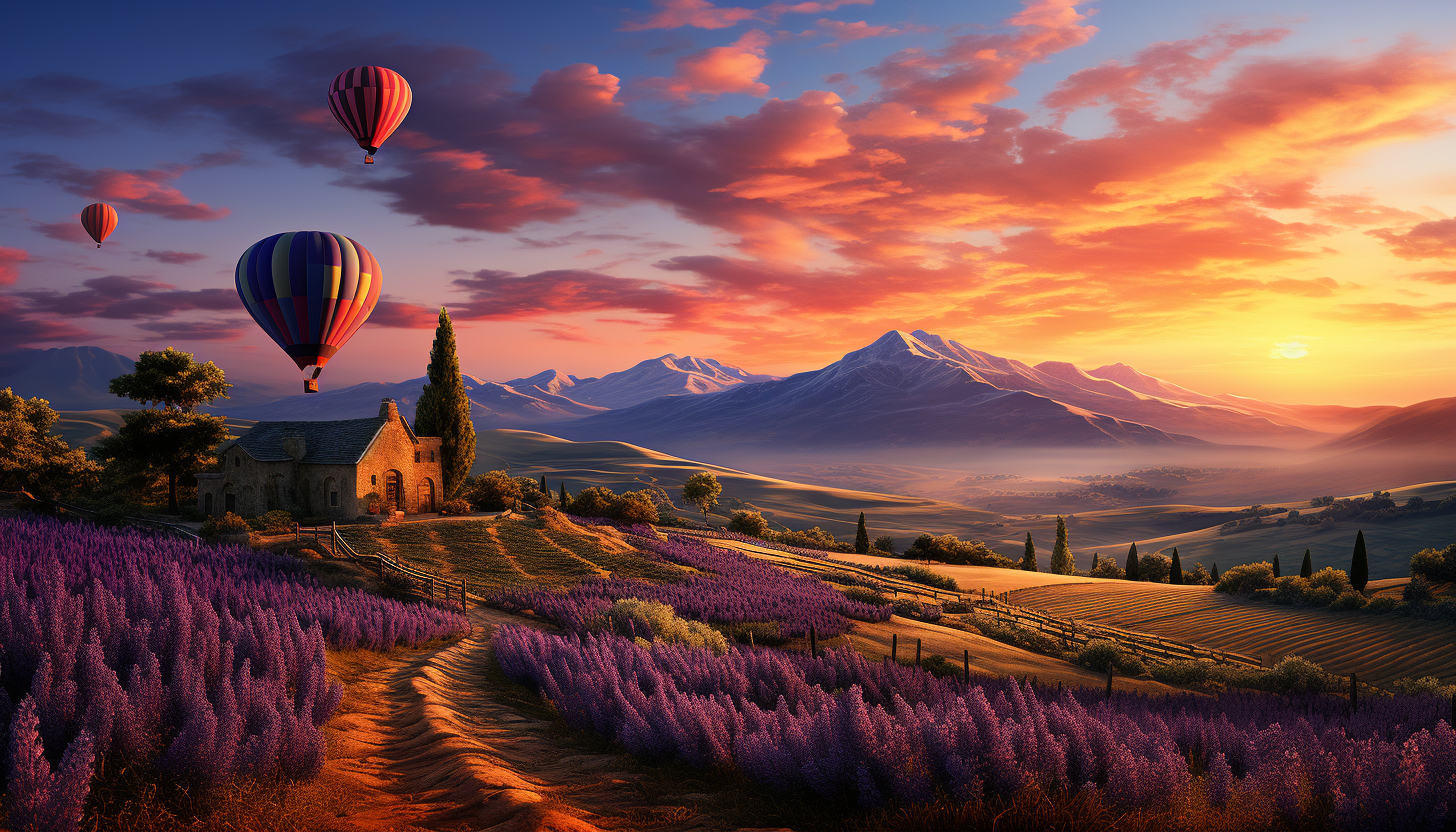 Lavender fields in Provence at sunrise, with a rustic farmhouse, hot air balloons in the sky, and distant rolling hills.