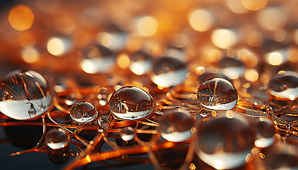 Close-up of dew drops on a spider's web, reflecting the morning light.