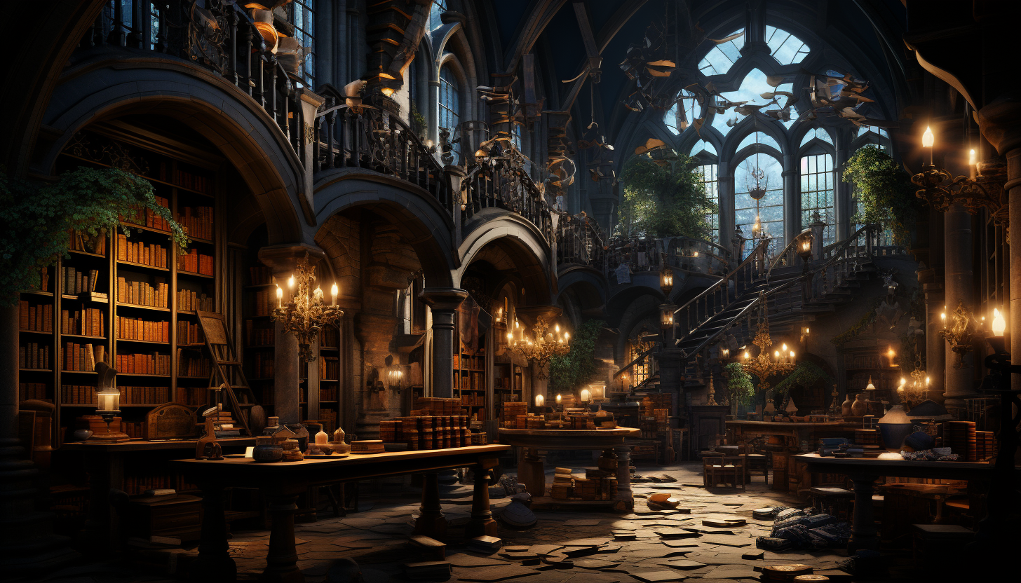 Ancient library with towering bookshelves, spiral staircases, dimly lit by hanging lanterns, and old maps sprawled on wooden tables.