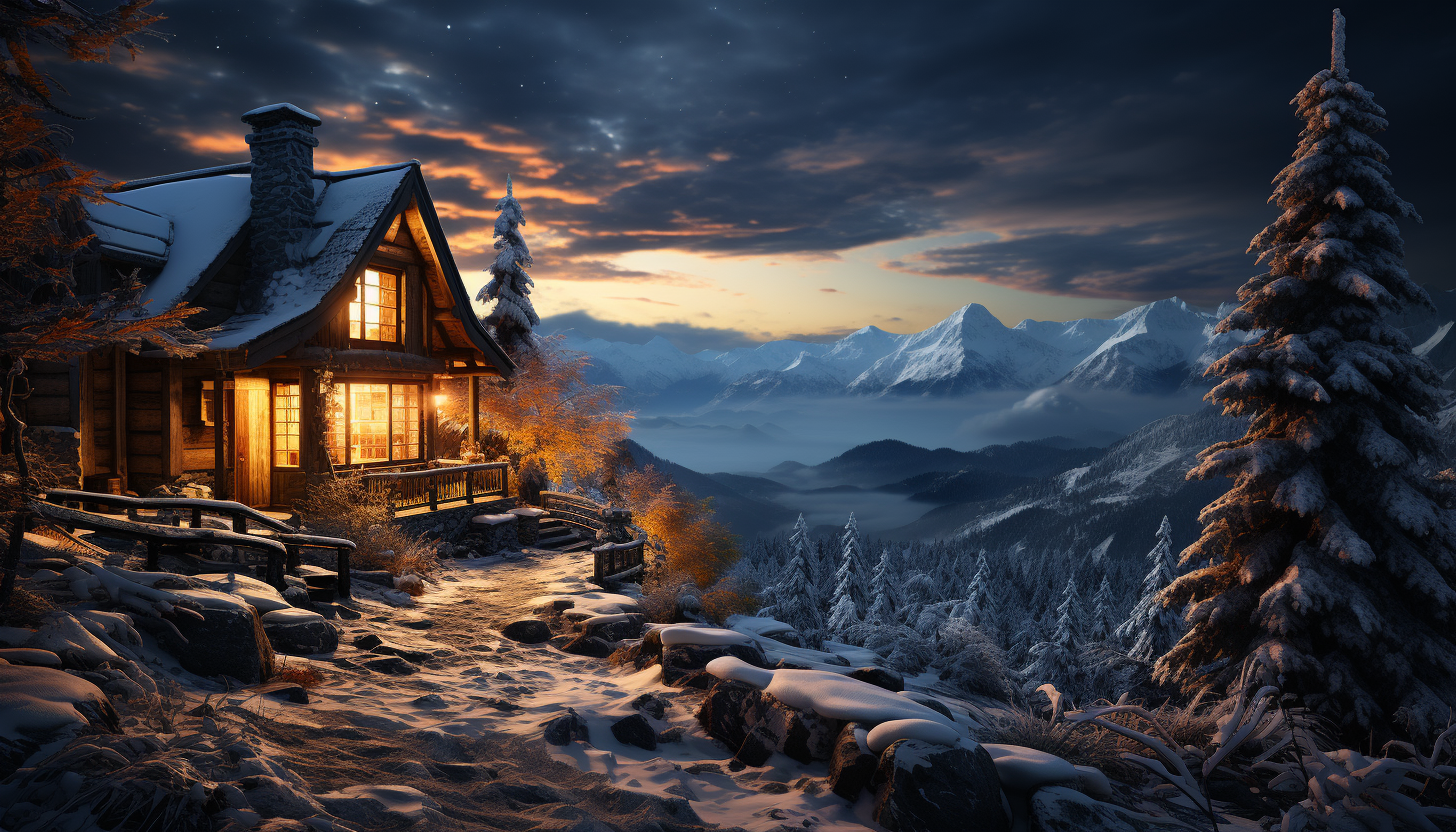 Cozy mountain cabin at winter, surrounded by snow-covered pines, smoke rising from the chimney, and a clear view of the snowy mountains.