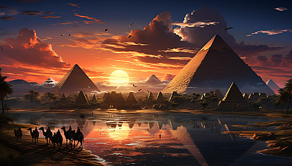 Ancient Egyptian pyramids at sunset, with camels, travelers, the Sphinx, and hieroglyphics, set against a golden desert backdrop.