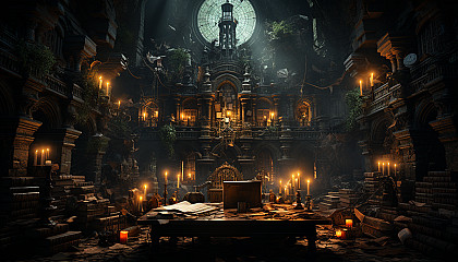 Ancient library in a hidden cave, filled with scrolls and books, dimly lit by candles, and a mysterious figure reading at a wooden desk.