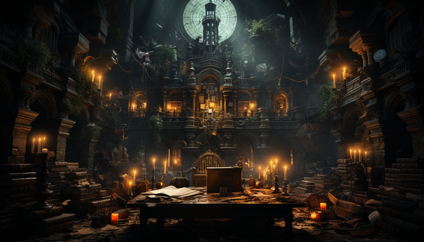 Ancient library in a hidden cave, filled with scrolls and books, dimly lit by candles, and a mysterious figure reading at a wooden desk.