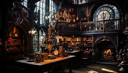 Ancient library filled with towering bookshelves, antique globes, secret passages, and a large stained-glass window casting colorful light.