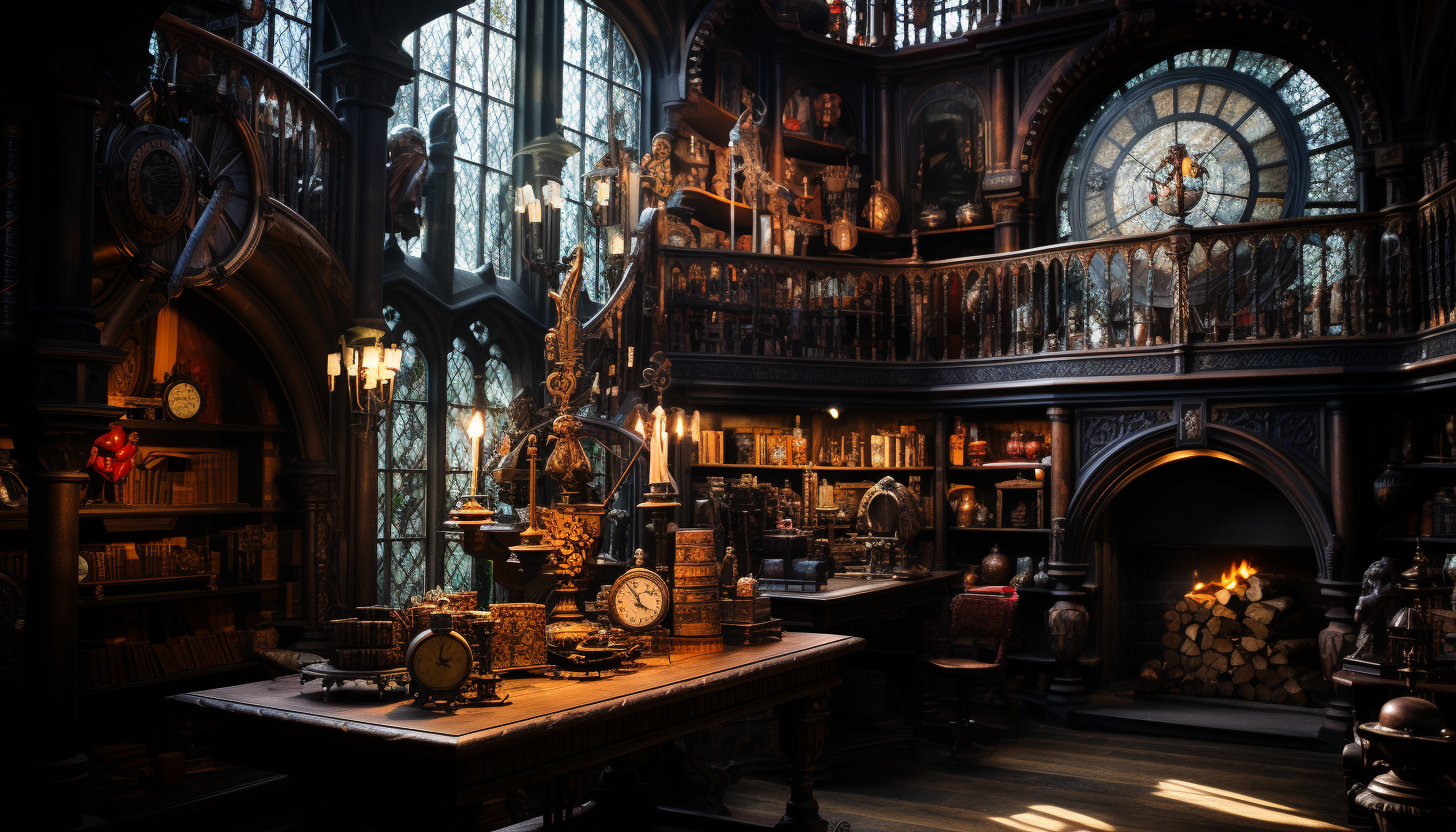 Ancient library filled with towering bookshelves, antique globes, secret passages, and a large stained-glass window casting colorful light.