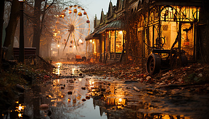 Abandoned amusement park at dusk, with a vintage ferris wheel, carousel horses, overgrown paths, and a haunting, whimsical atmosphere.