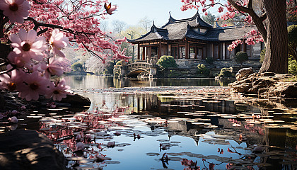 Traditional Chinese garden in spring, with a pagoda, stone bridges over a lily pond, willow trees, and peonies in bloom.