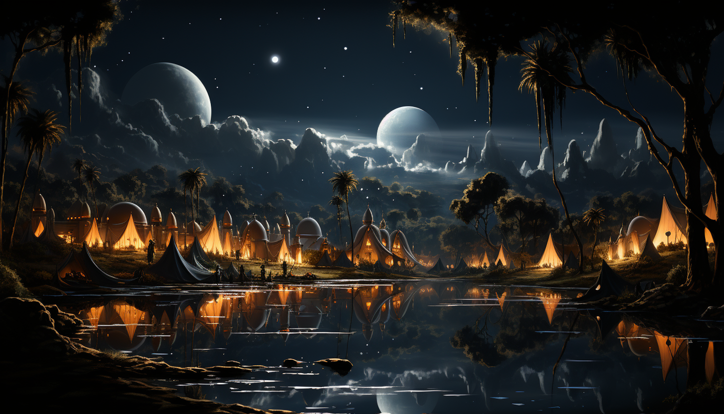A desert oasis at night, with a star-filled sky, Bedouin tents, camels resting, and a tranquil, palm-lined pond.