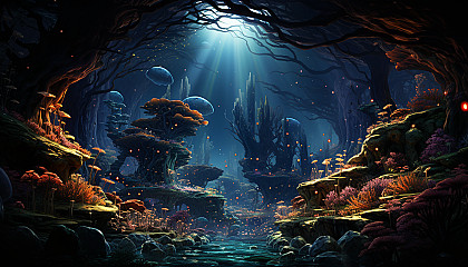 Undersea cavern filled with bioluminescent plants and creatures, divers exploring, and hidden treasures scattered around.