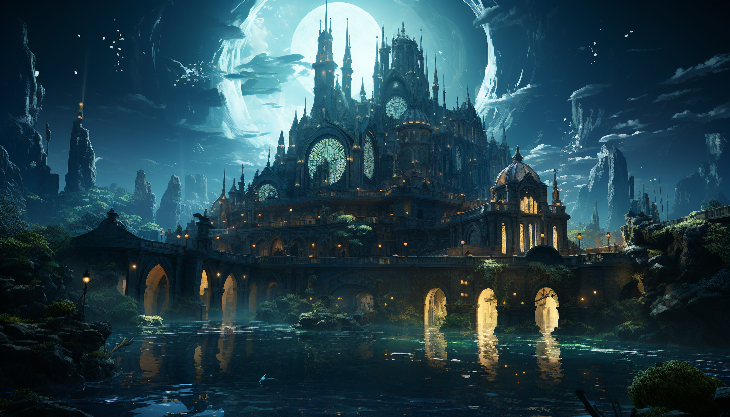 Undersea Atlantis-like city with crystal domes, ancient ruins, marine life swimming around, and beams of light filtering through water.