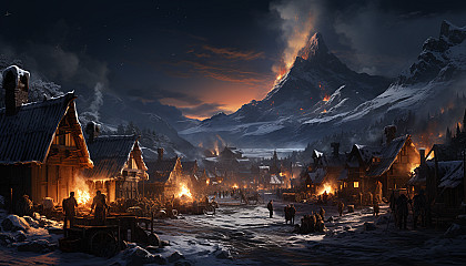 Traditional Viking village during a winter festival, with longhouses, a roaring bonfire, villagers in period attire, and a snowy landscape.