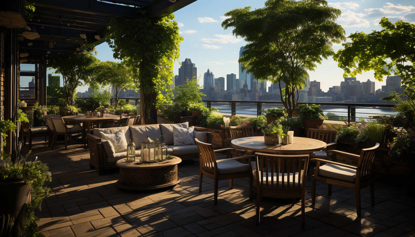 Lush rooftop garden in an urban setting, featuring a variety of plants, comfortable seating areas, and a panoramic view of the city skyline.