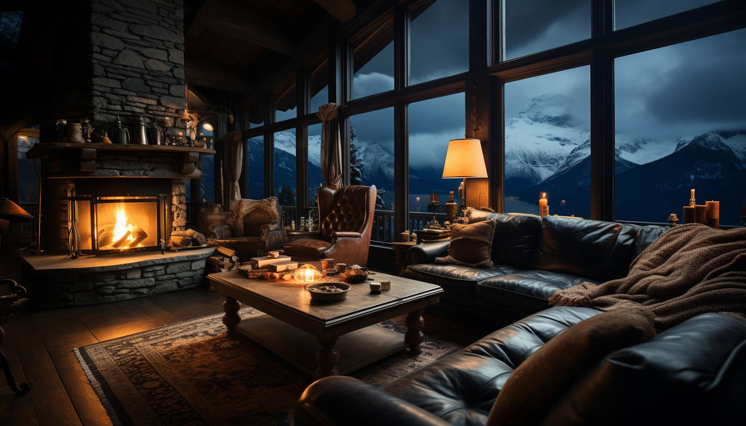 Cozy mountain cabin at night, with a roaring fireplace, snow falling outside, and a view of the northern lights through the window.