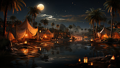 Desert oasis at night, with a clear, star-filled sky, palm trees, a tranquil pond, and nomadic tents glowing from lantern light.