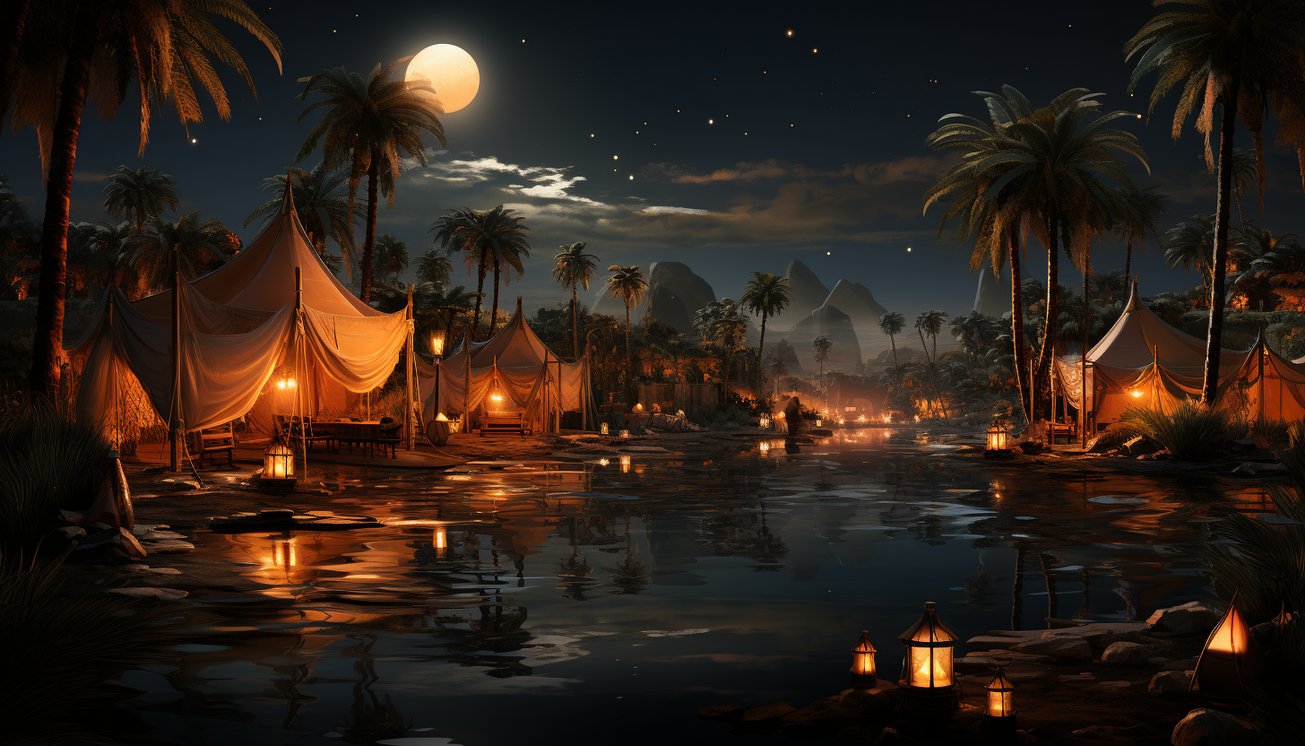 Desert oasis at night, with a clear, star-filled sky, palm trees, a tranquil pond, and nomadic tents glowing from lantern light.