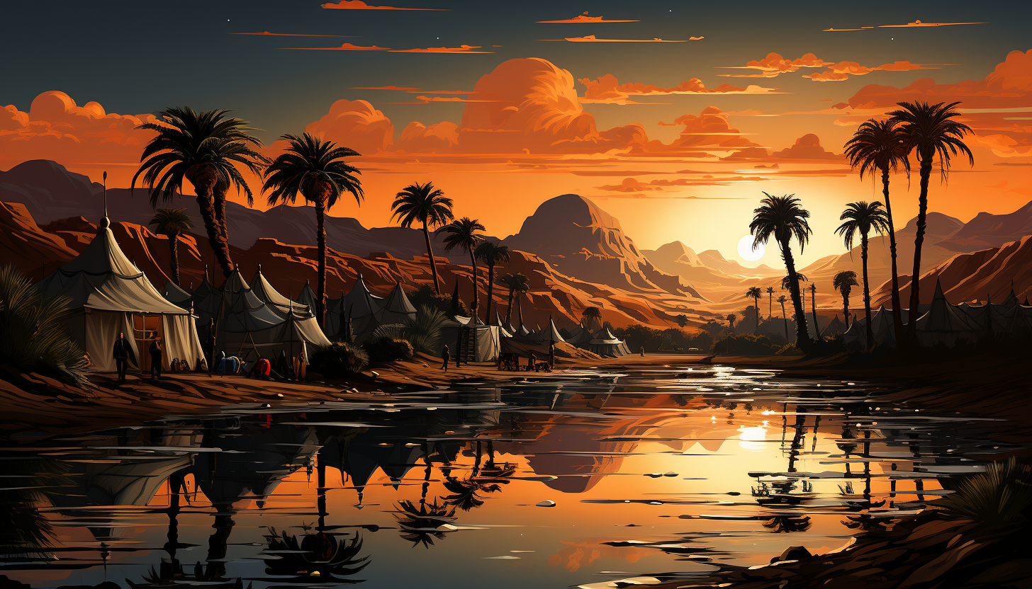 Desert oasis at sunset, featuring a tranquil pool, palm trees, camels resting, and Bedouin tents under a vivid orange sky.