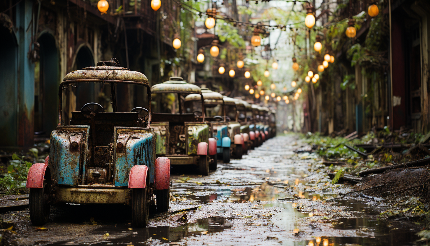 Abandoned amusement park overtaken by nature, rusting roller coasters, overgrown paths, and a hauntingly beautiful carousel.